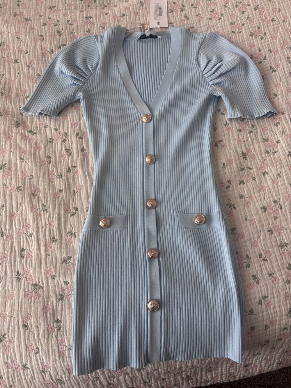 Endless Rose Light Blue Ribbed Midi Dress with Gold Buttons